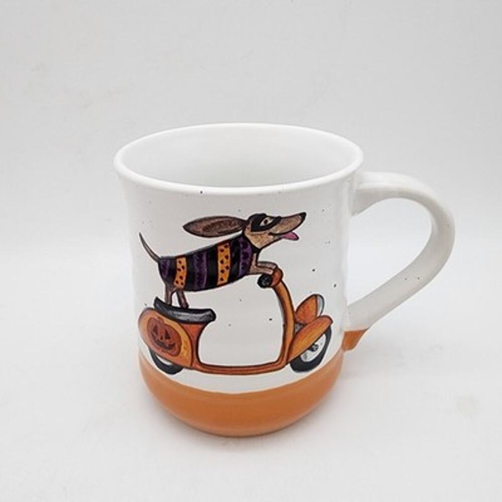 Cobwebs and Cauldrons Dachshund Vespa Coffee Mug Cup Halloween Dog on Scooter